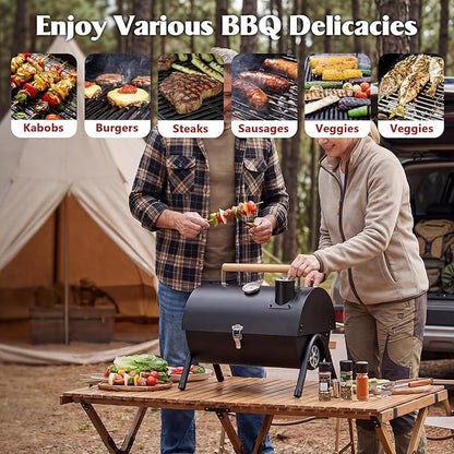 Portable Charcoal Grill with Thermometer, HaSteeL Small Tabletop Barbecue Grill Smoker for Outdoor Camping Backyard Beach BBQ, 117 Square Inches Cooking Area, Thick Steel, Screwdriver, Black