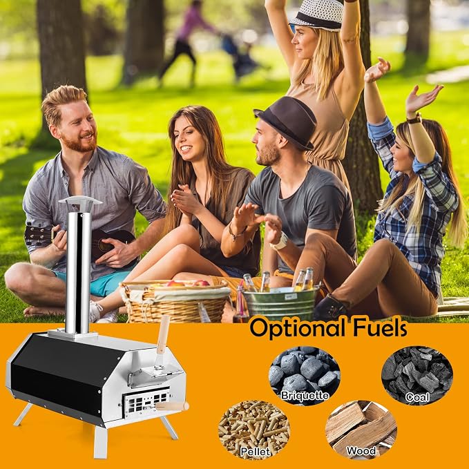 COSTWAY Outdoor Pizza Oven, with 12” Pizza Stone, Wood Fired Pizza Maker with Foldable Legs & Built-in Thermometer, Stainless Steel Wood Pellet Pizza Grill for Camping, Backyard, Picnic, Party, Black
