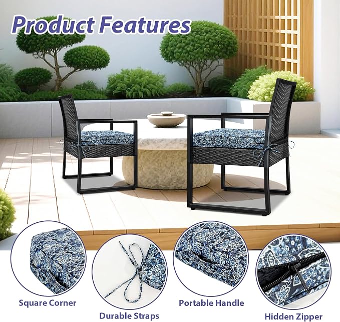 IPYNBAP Outdoor Chair Cushions Set of 4 -Waterproof Outdoor Seat Cushions for Patio Furniture, Patio Chair Cushion with Handle and Ties, Out Door Chair Pads,18.5x16x3-Square, Green Paisley