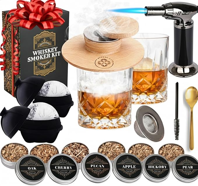Whiskey Smoker Kit - Cocktail Smoker Kit with Torch, 2 Whiskey Glasses, 2 Ice Ball Makers, 6 Flavors Wood Chips - Old Fashioned Smokers - Bourbon Drink Smoking Set - Whiskey Accessories Gifts for Men
