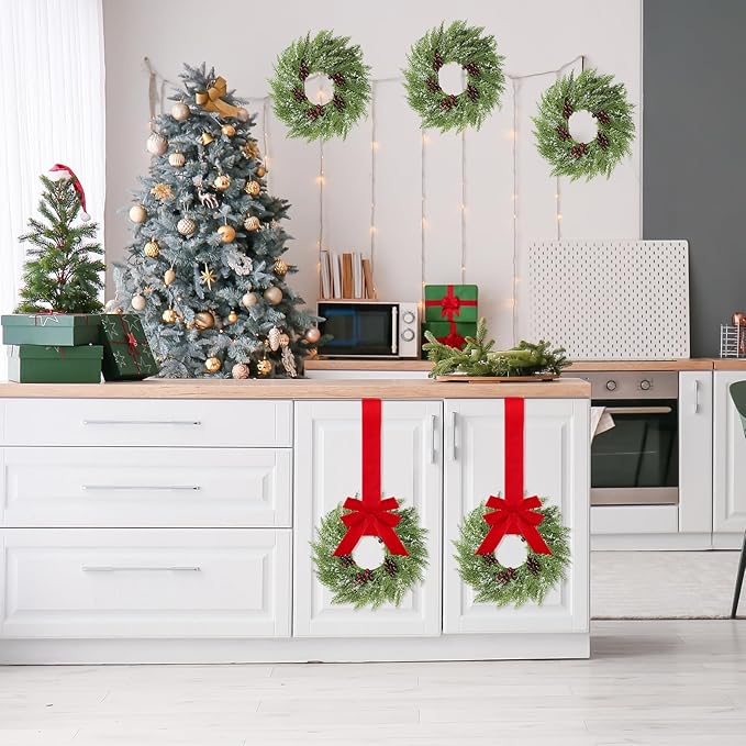 8 Pcs Small Christmas Norfolk Wreaths 15 Inch Christmas Kitchen Cabinet Mini Wreath with Bow Ribbon Cedar Berry for Xmas Front Door Window Chair Fireplace Table Pillar Farmhouse