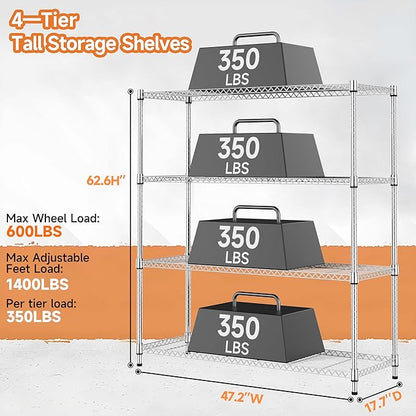 M MZG 4 Tiers Storage Shelves Load 1400LBS, Metal Shelving Wire Metal Shelving Unit Shelves for Storage Adjustable Garage Shelving for Pantry Kitchen Garage Chrome 17.7" D x 47.3" W x 62.7" H