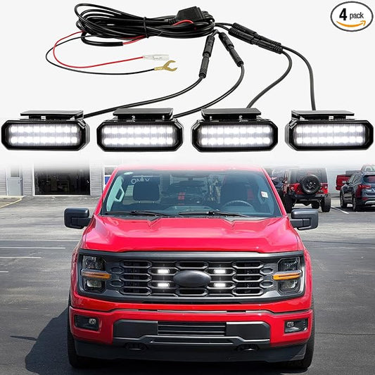 DREAMOTOR 4PCS LED Grille Lights Universal Clip-On Front White Grill Lights | with Wiring Harness & Fuse, Compatible With Dodge Ram 1500 Ford F150 GMC Sierra 1500 Chevy Silverado Raptor Toyota