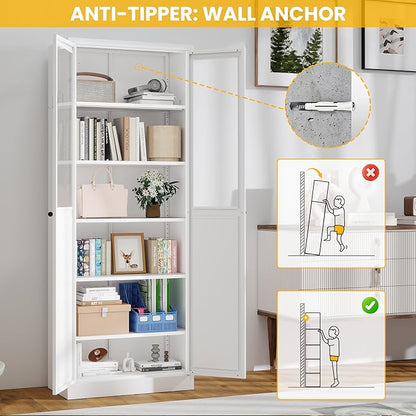 Pantry Cabinet with Glass Doors, 72” Kitchen Storage Cabinets with 5 Adjustable Shelves, Kitchen Pantry Cabinet with Ventilation Holes and Hooks for Home, Living Room, Pantry (White)