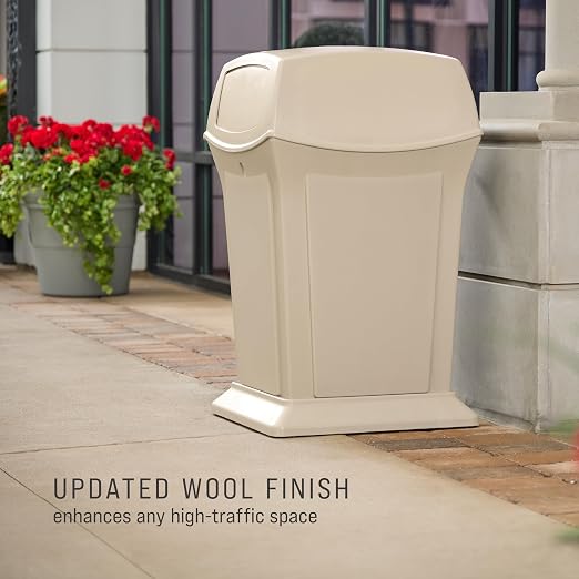 Rubbermaid Commercial Products Ranger Trash Can with 2 Door Lid, 45 GAL, Biege Plastic, Outdoor for Stadiums/Parks/Shopping Plazas