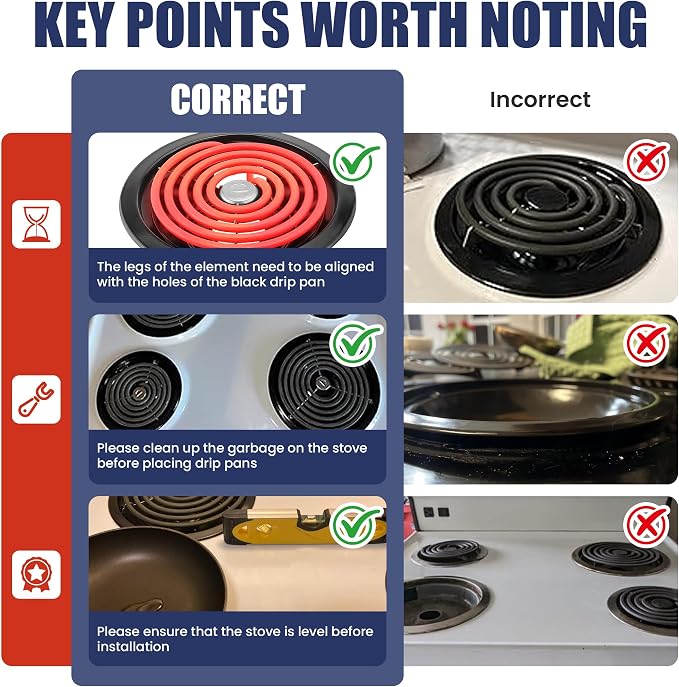 Electric Stove Burners and Porcelain Drip Pans Set Compatible with G-E Hot-point Stoves, Includes WB31M20 WB31M19 Black Stove Drip Pans & WB30M1 WB30M2 Electric Range Burner Elements by Fetechmate
