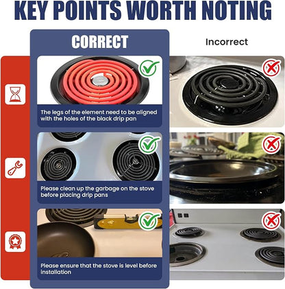 Electric Stove Burners and Porcelain Drip Pans Set Compatible with G-E Hot-point Stoves, Includes WB31M20 WB31M19 Black Stove Drip Pans & WB30M1 WB30M2 Electric Range Burner Elements by Fetechmate