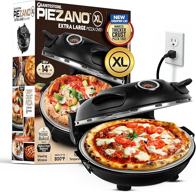 PIEZANO XL 14 Inch Electric Indoor Pizza Oven Heats up to 800˚F - Pizza Maker with Stone for Crispy Crust Pizza, Cooks in Under 6 Minutes, Countertop, Dual Heat Control, Peels & Scraper Included
