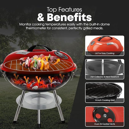 GasOne – Red 14-inch Portable Barbecue Grill with Thermometer - 3-Point Locking Lid for Heat Preservation – Dual Venting System – Small Charcoal Grill for Backyard, Camping, Boat