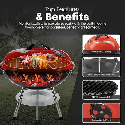 GasOne 14-inch Portable Charcoal Barbecue Grill with Thermometer – Red | 3-Point Locking Lid for Heat Preservation – Dual Venting System – Small Charcoal Grill for Backyard, Camping, Boat