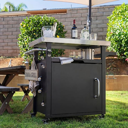 39.5 Inch Outdoor Bar Cart and Grill Prep Table, Rolling Stainless Steel Top Kitchen Island with Large Storage Cabinet, Mobile BBQ Station with Spice & Paper Towel Rack