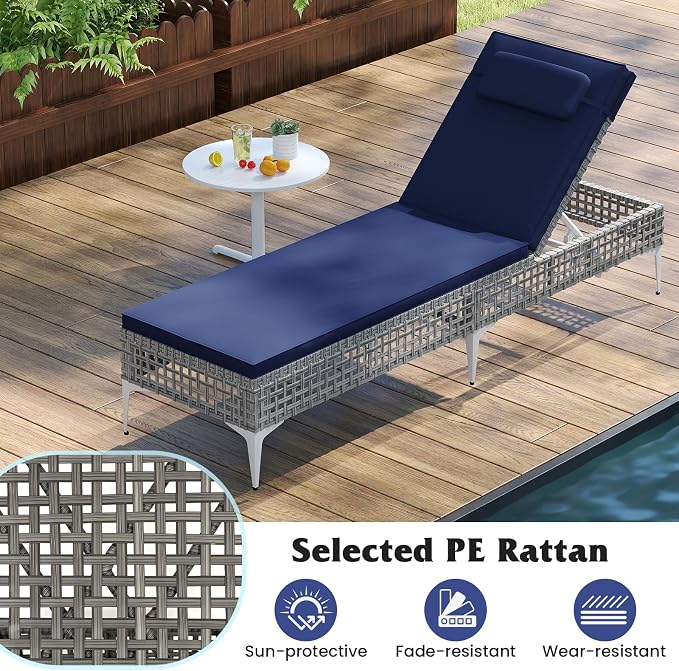 Tangkula Patio Chaise Lounge Chair, PE Wicker Reclining Sun Lounger with 6-Level Adjustable Backrest, Removable Cushion & Headrest, Outdoor Lounge Chair for Poolside, Deck, Backyard (1, Navy)
