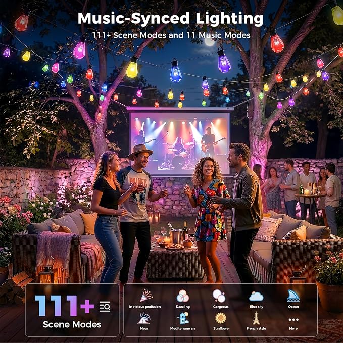 CDN Outdoor Smart RGBW String Light, LED Bulbs, 80Ft Patio Lights Waterproof IP65, App Control, Dimmable Warm White, 111 Scene Modes, Compatible with Alexa