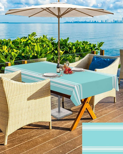 QueenKer Outdoor Tablecloth with Umbrella Hole, Farmhouse Teal White Stripe Rectangle Tables Waterproof Tabletop Collection for Patio, Garden, Picnic, Camping, Dining 54 x 80 inch