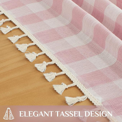 Softalker Pink Gingham Tablecloth Square, Outdoor Linen Cotton Checkered Table Cloth with Tassel, Heavy Duty Wrinkle Free Buffalo Plaid Table Cover for Kitchen Dining Home Party - 55 x 55 Inch