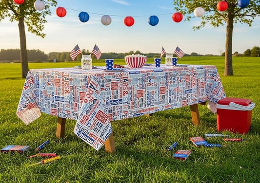 Newbridge Celebrate America Patriotic Blue Stars and Stripes 60 x 120 Inch Rectangle Vinyl Flannel Back Tablecloth, Waterproof Indoor Outdoor Dining BBQ Party Table Cover