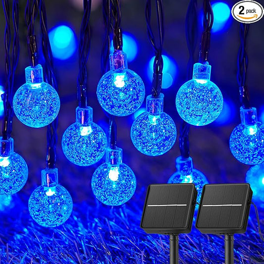 Brightown Solar String Lights Outdoor Waterproof, 2 Pack 60 LED 36.5 FT Each, 8 Lighting Modes Solar Powered Patio Lights for Garden Yard Porch Wedding Party Decor (Blue)