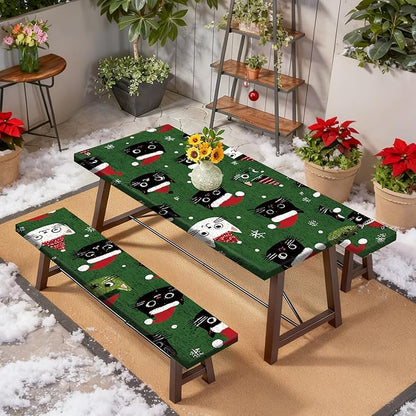 Christmas Picnic Table cover with Bench Cover, Outdoor Picnic Table Elastic Tablecloth, Christmas Hat Green Cat Design, Camping, Barbecue and Holiday Party Tablecloth