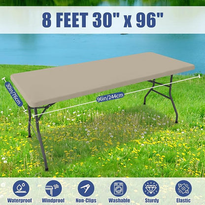 Moosfor 2 Pack Rectangle Spandex Fitted Table Cloth, 8FT Elastic Tablecloth | Washable Picnic Table Cover, Stretch Waterproof Table cloths for Party, Patio, Dining, Kitchen, 30" x 96", Taupe