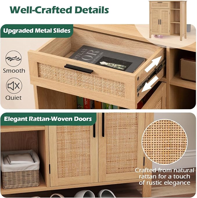 Giantex Buffet Cabinet with Storage, Boho Rattan Sideboard with 2 Doors, Drawer, 3 Open Cubbies, Adjustable Shelf, Freestanding Accent Cabinet for Kitchen,Living Room, Natural