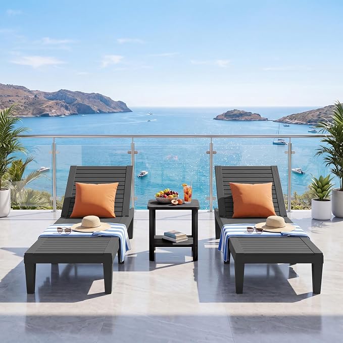 Outdoor Chaise Lounge Chair Set of 2, 5-Position Adjustable Tanning Lounge Chair, All-Weather Resin Patio Lounge Chair for Pool, Beach, Garden (Black)