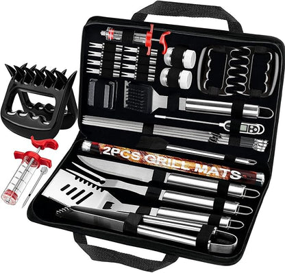 POLIGO 28Pcs Grilling Accessories in Bag with Meat Injector, Barbecue Claws, Mats, Thermometer for Smoker, Camping BBQ Grill Utensil Set Dad Gift for Fathers Day Birthday Grilling Gifts for Men Silver