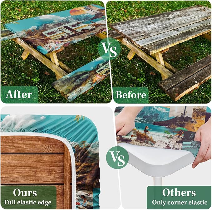 Picnic Table Cover with Bench Covers, Travel, 3 Piece, 72 Inch | With Bench Covers Full Elastic Edge Tablecloth Waterproof Wipeable RV Outdoor Patio Park Essentials With Drawstring Bag