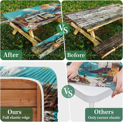 Picnic Table Cover with Bench Covers, Travel, 3 Piece, 72 Inch | With Bench Covers Full Elastic Edge Tablecloth Waterproof Wipeable RV Outdoor Patio Park Essentials With Drawstring Bag