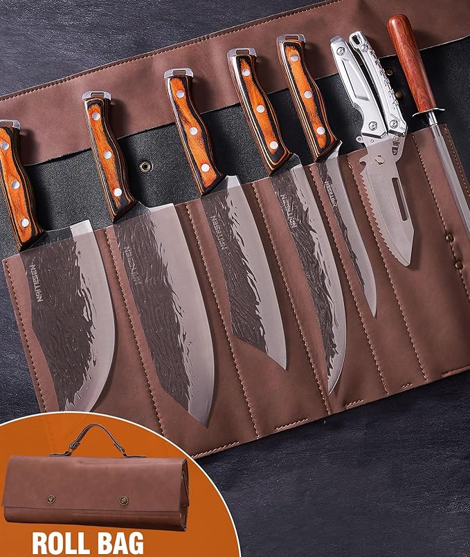 Naitesen 7PCS Hand Forged Butcher Knife and Kitchen Knife 2 in 1 Set with Roll Bag, Heavy Duty Meat Cleaver Serbian Chef Knife Breaking Knife Boning Knife for Meat Cutting BBQ Gifts for Men Women