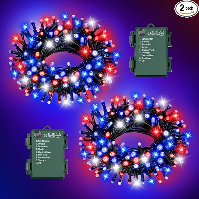 Red White and Blue Lights String for 4th of July Decorations Outdoor Total 100LED 33Ft Battery Operated with Timer 8 Modes Waterproof 50LED*2 for Memorial Day Decorations Patriotic Decor 2-Pack