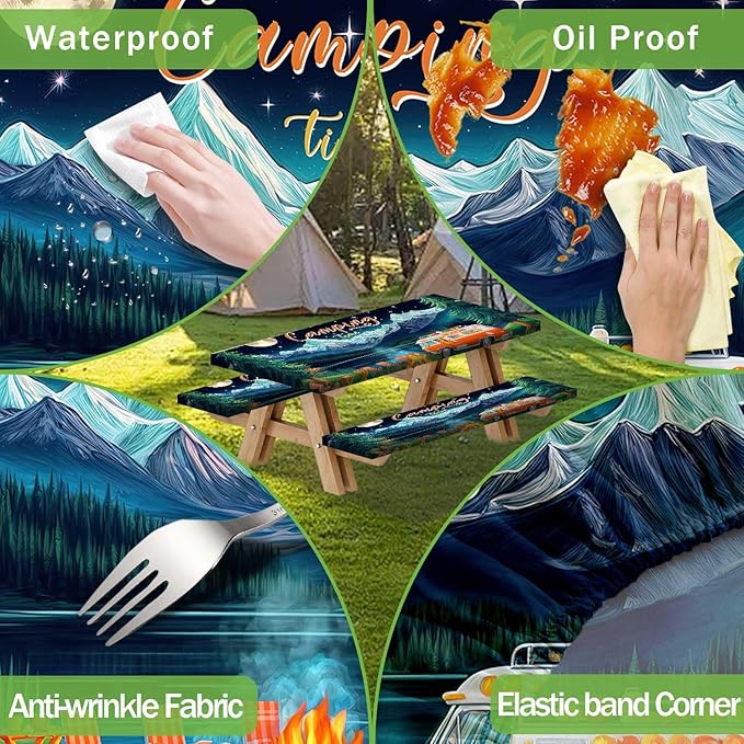 Picnic Table Cover with Bench Covers and Bag, Forest Mountain Lake Fitted Outdoor Table Covers, Camping Essentials, Windproof & Waterproof Tablecloth Cover with Elastic Edge, 3 PCS, 30x72 Inch