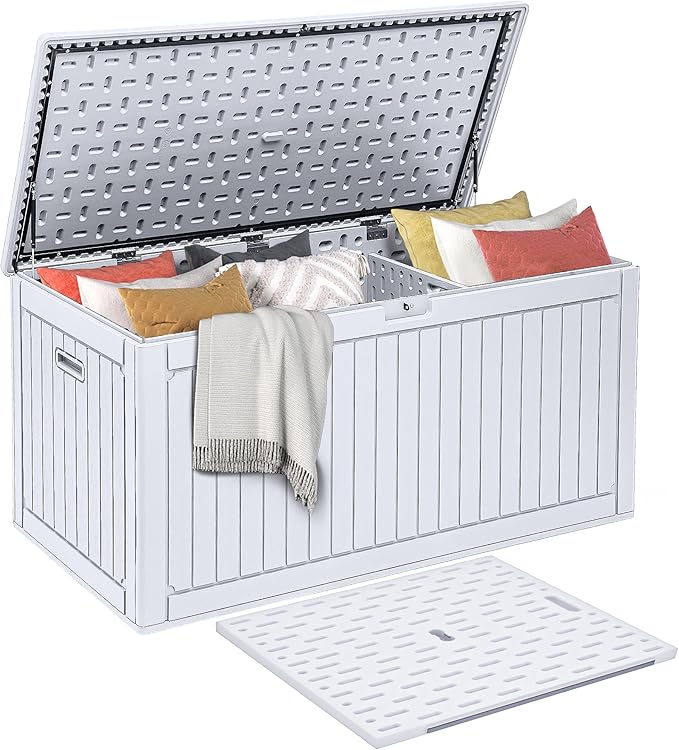 DWVO 320 Gallon Double-Wall Deck Box with Divider, XXL Extra Large Resin Outdoor Storage Box, Lockable & Waterproof, Double as Seating, 1000lbs Capacity (Grayish-White)
