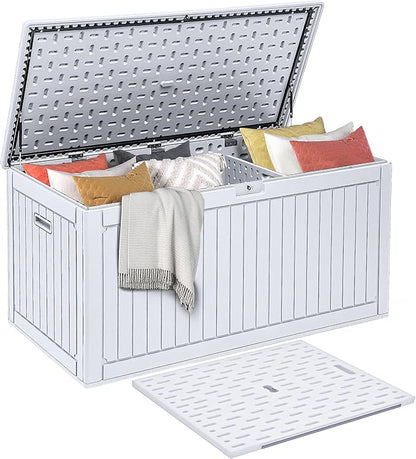 DWVO 320 Gallon Double-Wall Deck Box with Divider, XXL Extra Large Resin Outdoor Storage Box, Lockable & Waterproof, Double as Seating, 1000lbs Capacity (Grayish-White)