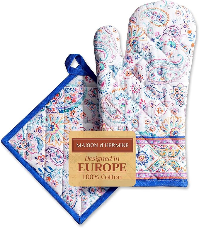 Maison d' Hermine 100% Cotton Oven Mitt & Pot Holder Set (7.5"x13" & 8"x8") Heat Resistant BBQ Cooking Gloves with Loop Baking Grilling Kitchen Hotel Home Farmhouse Spring Summer (Indian Floral)