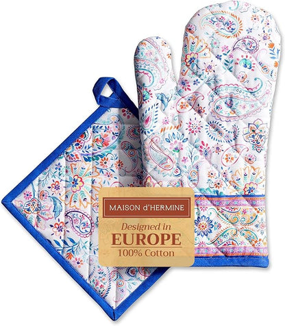 Maison d' Hermine 100% Cotton Oven Mitt & Pot Holder Set (7.5"x13" & 8"x8") Heat Resistant BBQ Cooking Gloves with Loop Baking Grilling Kitchen Hotel Home Farmhouse Spring Summer (Indian Floral)