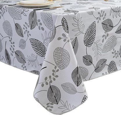 LIBERECOO Monochrome Leaf Whisper Vinyl Tablecloth with Flannel Backing – Elegant Black & White Leaf Design – Waterproof, Durable, Lightweight
