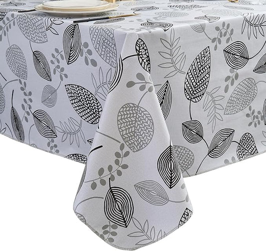 LIBERECOO Monochrome Leaf Whisper Vinyl Tablecloth with Flannel Backing – Elegant Black & White Leaf Design – Waterproof, Durable, Lightweight