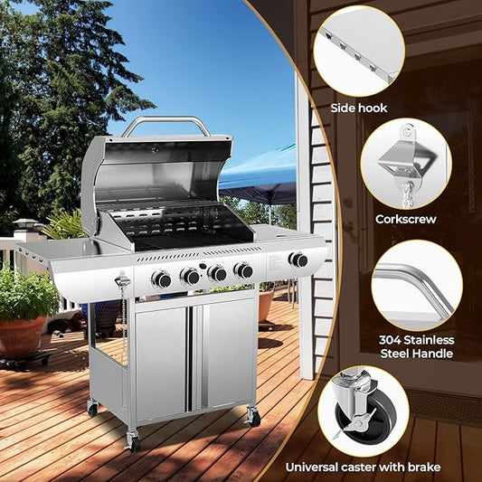 R.W.FLAME 4-Burner Propane Gas Grill with Side Burner, Stainless Steel Propane Grill 42000BTU for Outdoor Cooking, with Porcelain-Enameled Cast Iron Grates, Baking Pan, Silver