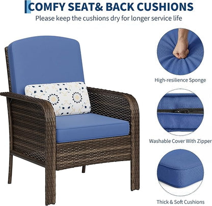 GarveeHome Outdoor Wicker Chairs Set of 2, All-Weather High Back Rattan Patio Furniture, 2-Piece Conversation Set with Comfy Cushions for Porch, Deck, Brown, Blue Cushion
