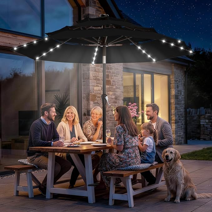 AreShark 9ft 3 Tiers Patio Umbrella with Solar Lights, Outdoor Umbrella w/ 32 LED Lights&8 Sturdy Ribs, Table Umbrella for Deck, Backyard, Pool (Black)