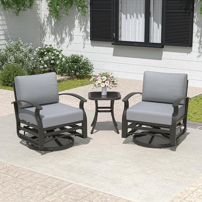 ALAULM 3 Piece Aluminum Outdoor Swivel Chairs High Back Metal Swivel Rocking Chairs with 5.1" Sponge Cushions &1 Coffee Table for Patio, Porch, Backyards, Garden(Grey)