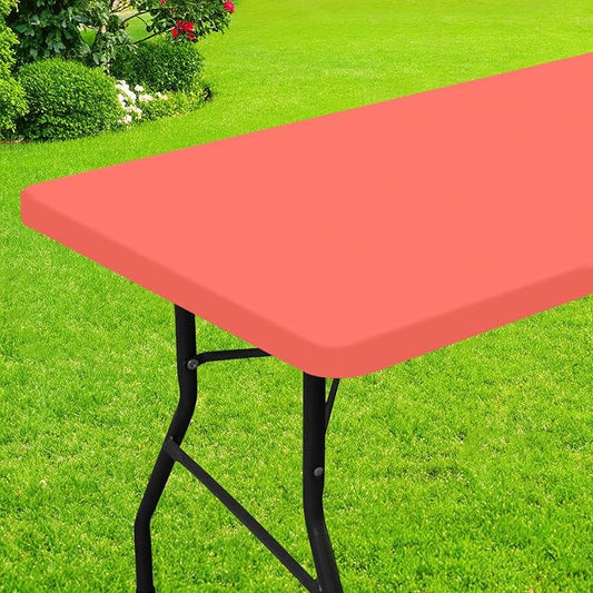 Smiry Rectangle Picnic Table Cloth, Waterproof Elastic Fitted Tablecloths for 4 Foot Tables, Washable Polyester Table Cover for Camping, Indoor and Outdoor (Coral Red, 24"x48")