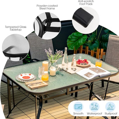 Tangkula 55" Patio Dining Table for 6, Rectangle Outdoor Dining Table with Tempered Glass Tabletop, Umbrella Hole & Metal Frame, 6-Person Outside Dining Table for Backyard, Lawn, Deck & Poolside