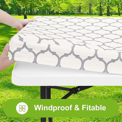 Smiry Picnic Fitted Table Cover, 5 Foot Flannel Backed Vinyl Tablecloth | Waterproof Elastic Stretch Table Cloth, Wipeable Plastic Tablecloth for Camping, Indoor & Outdoor (Beige, 36" x 60")