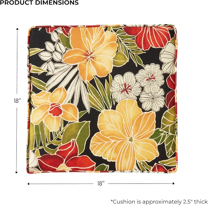 Outdoor 18 inch Square Patio Dining Chair Pads – Comfortable Fiber-Filled Seat Cushions with Ties, Reversible Polyester Fabric - Aloha Black Floral, Set of 2