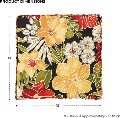 Outdoor 18 inch Square Patio Dining Chair Pads – Comfortable Fiber-Filled Seat Cushions with Ties, Reversible Polyester Fabric - Aloha Black Floral, Set of 2