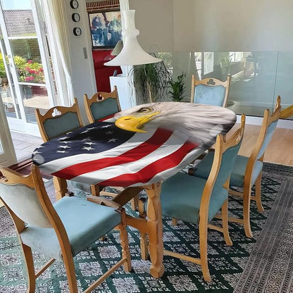 4th of July Oval Fitted Tablecloths, American Bald Eagle on American Flag Elastic Edged Table Covers, Fits Tables up to 60" x 84", Windproof Table Cloths for Indoor Restaurant Outdoor Dining Decor