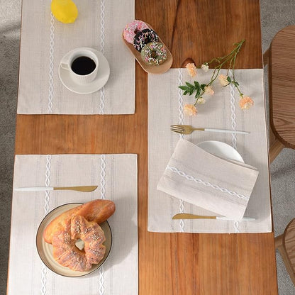 Wracra Cotton Linen Place Mats, Ivory Embroidered Placemats Set of 8 | Placemats 12 x 18 Inch; Cotton Linen Woven Fabric; Heat Resistant Table Mats; Raised Embroidered Hollow Design