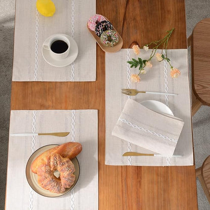 Wracra Cotton Linen Place Mats, Ivory Embroidered Placemats Set of 4 | Placemats 12 x 18 Inch; Cotton Linen Woven Fabric; Heat Resistant Table Mats; Raised Embroidered Hollow Design