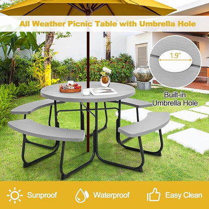 Tangkula 8 Person Picnic Table, Outdoor Round Picnic Table with 4 Built-in Benches, Umbrella Hole, Metal Frame & HDPE Tabletop, Outside Table and Bench Set for Backyard, 2300lbs Weight Capacity